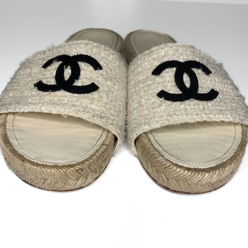 Chanel CC Espadrille Slide Sandals EU 40 US 9-9.5 Ivory Tweed Flat Slip On Logo - Picture 3 of 10